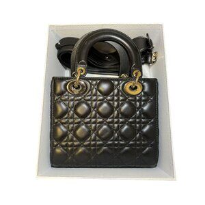 Christian Dior Black Quilted Lambskin Lady Dior Mini Bag With Gold Hardware & Ch